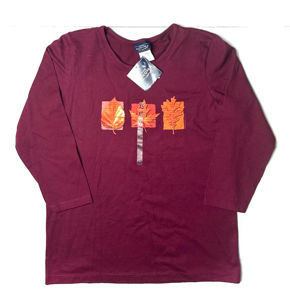Sonoma Women’s XS Burgundy 100% Cotton Top‎ Tee Fall Leaf 3/4 Sleeve Casual